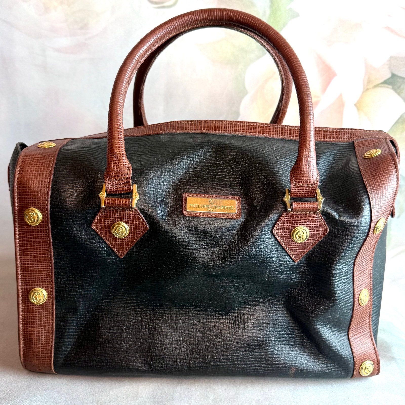 Vintage Philippe Charriol Paris Black Leather Brown Trim Top Handle Doctors Bag